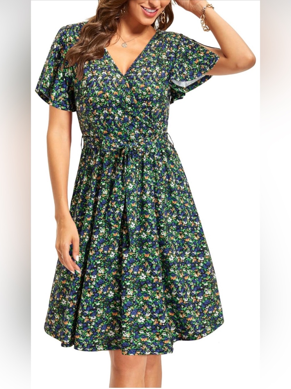 Amazon Floral Wrap Midi Dress in Navy with Green and Orange Accents